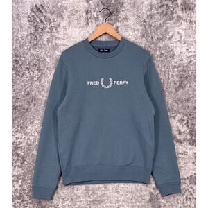 Fred Perry Sweatshirt Small Mens Embroidered Spell Out Crewneck Blue